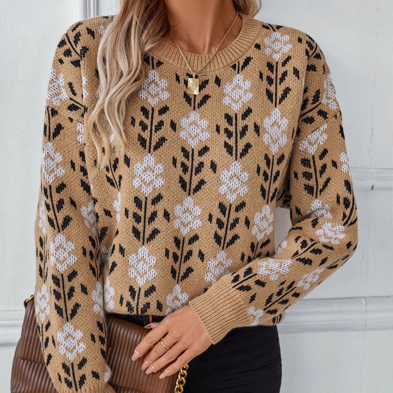 Blomma Jacquard Crew Neck Pullover Knit tröja