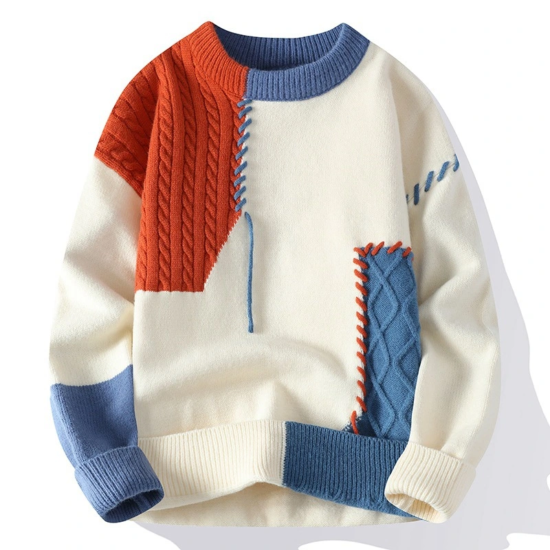 Mäns crewneck pullover färgblock tröja