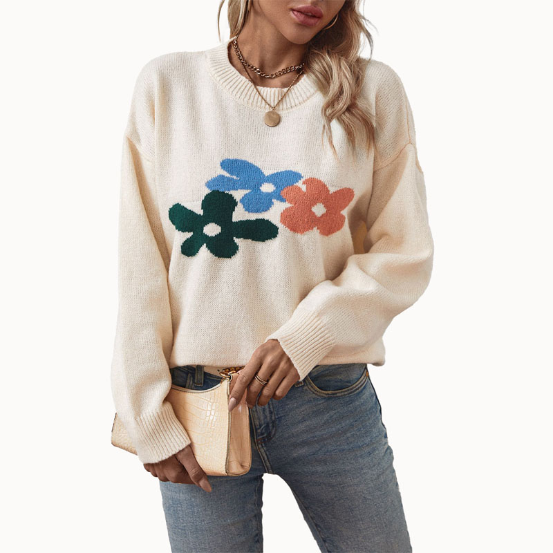 Kvinnor blomma jacquard pullover stickad tröja